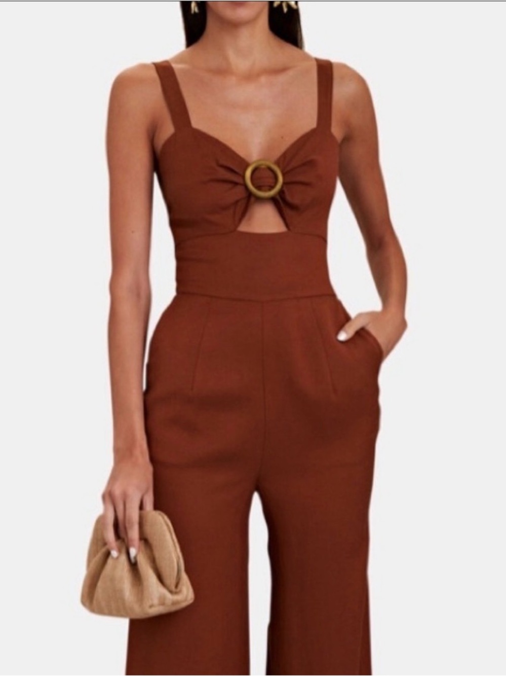 INTERMIX Rust-Brown Ring-Front Wide-Leg Jumpsuit